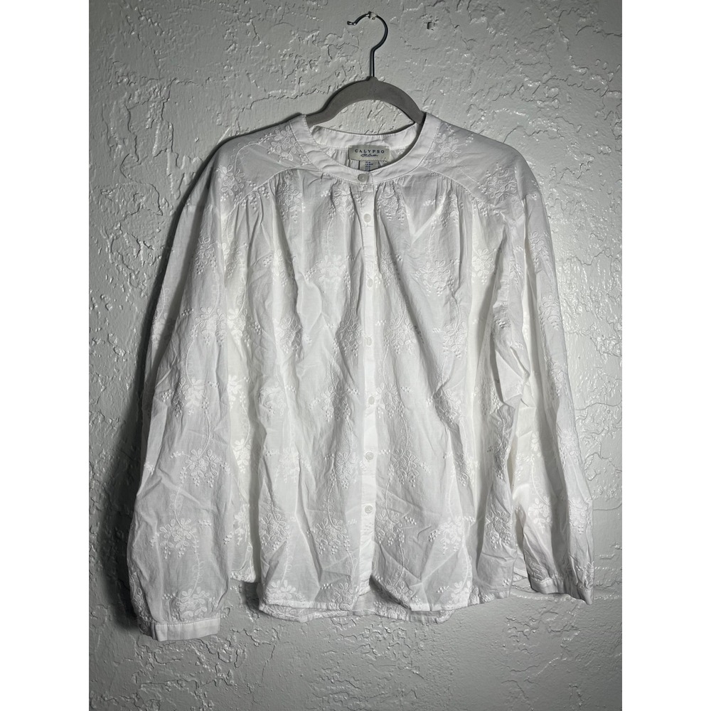 Calypso St. Barth White Embroidered Cotton Boho Peasant Blouse Women's M
